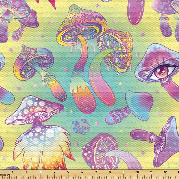 Ambesonne Trippy Mushroom Fabric by the Yard Upholstery, Bohemian Floras, 3 Yards, Turquoise and Multicolor