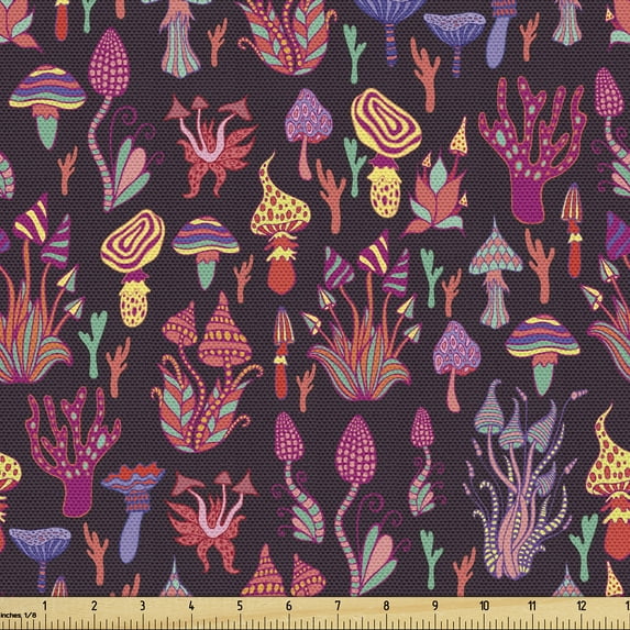Ambesonne Trippy Mushroom Fabric by the Yard Upholstery, Warm Colored Floras, 5 Yards, Dark Mauve Multicolor