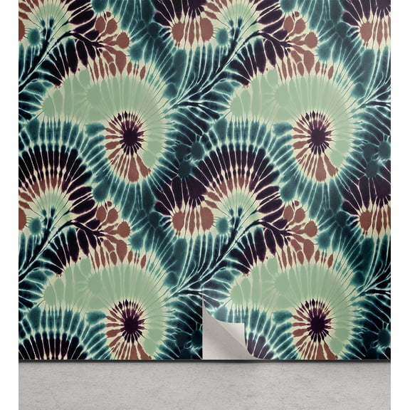 Ambesonne Trippy Peel & Stick Wallpaper for Home, Nostalgic Swirls Hippie Vibe, 13"x36", Teal Cinnamon and Plum