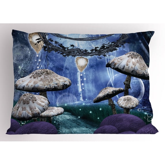 Ambesonne Trippy Pillow Sham, Dreamy Forest Mushroom, 26" X 20", Multicolor