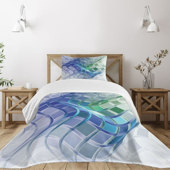 Ambesonne Trippy Quilted Bedspread Set 2 Pcs, Abstract Wavy Squares, Twin Size, Multicolor