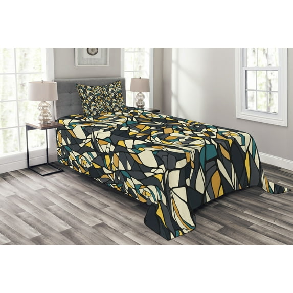 Ambesonne Trippy Quilted Bedspread Set 2 Pcs, Fractal Formless Mosaic, Twin Size, Multicolor