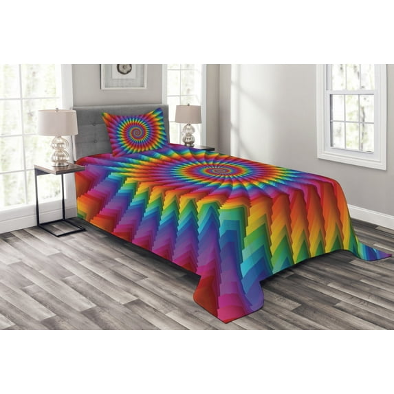 Ambesonne Trippy Quilted Bedspread Set 2 Pcs, Vibrant Rainbow Spiral, Twin Size, Multicolor
