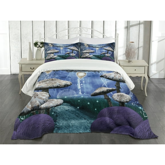 Ambesonne Trippy Quilted Bedspread Set 3 Pcs, Dreamy Forest Mushroom, King Size, Multicolor