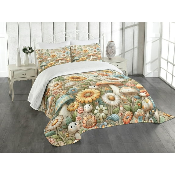 Ambesonne Trippy Quilted Bedspread Set 3 Pcs, Pastel Mushroom Garden Art, King Size, Orange Blue and Green