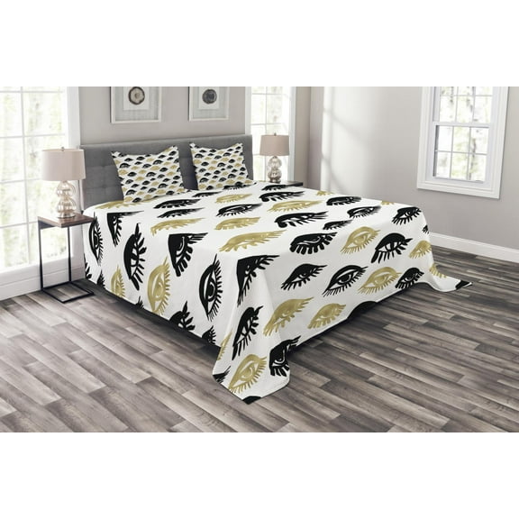 Ambesonne Trippy Quilted Bedspread Set 3 Pcs, Woman Eyes Love Modern Art, King Size, Yellow and Black