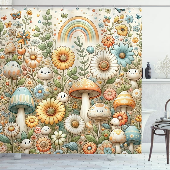 Ambesonne Trippy Shower Curtain, Pastel Mushroom Garden Art, 69"Wx84"L, Orange Blue and Green