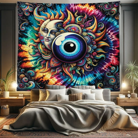 Ambesonne Trippy Tapestry King Size, Evil Eye Bohemian Sun Moon, 104"x88", Blue Orange Multicolor