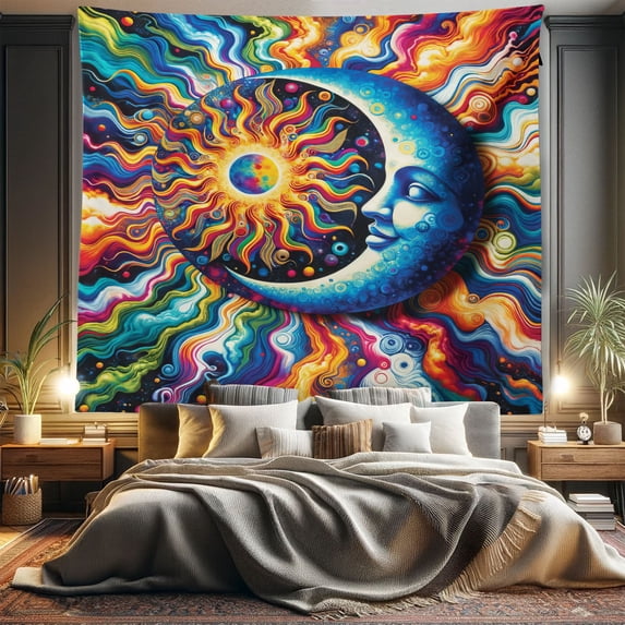 Ambesonne Trippy Tapestry King Size, Psychedelic Art Moon and Sun, 104"x88", Sea Blue Multicolor