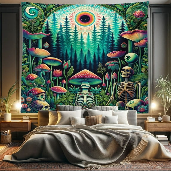 Ambesonne Trippy Tapestry King Size, Woodland Vines Skeleton Art, 104"x88", Fern Green Seafoam Coral