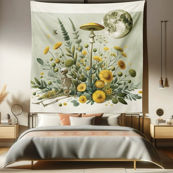 Ambesonne Trippy Tapestry Queen Size, Bohemian Botany Jungle Moon, 88"x88", Pale Green Earth Yellow