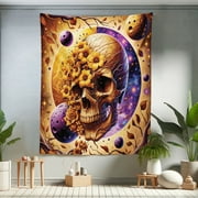 Ambesonne Trippy Tapestry Twin Size, Neo Trad Floral Skull Leaves, 68"x88", Apricot Blue Violet Taupe
