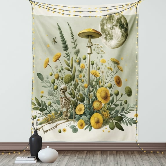Ambesonne Trippy Tapestry Wall Hanging, Bohemian Botany Jungle Moon, 40"x60", Pale Green Earth Yellow