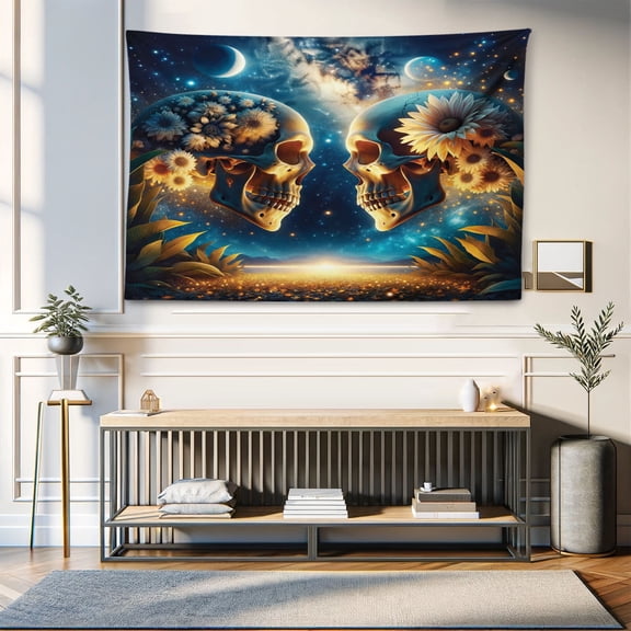 Ambesonne Trippy Tapestry Wall Hanging, Goth Romance Lovers Space, 60"x40", Sea Blue Dark Yellow