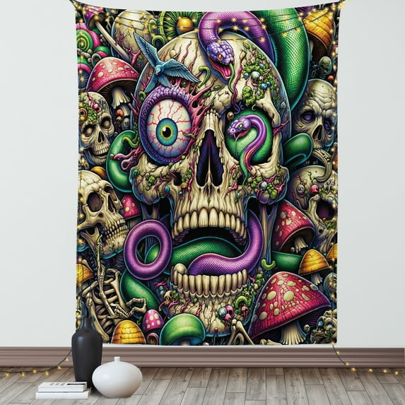 Ambesonne Trippy Tapestry Wall Hanging, Huddle Spooky Snake Skulls, 40"x60", Green Purple Pale Khaki