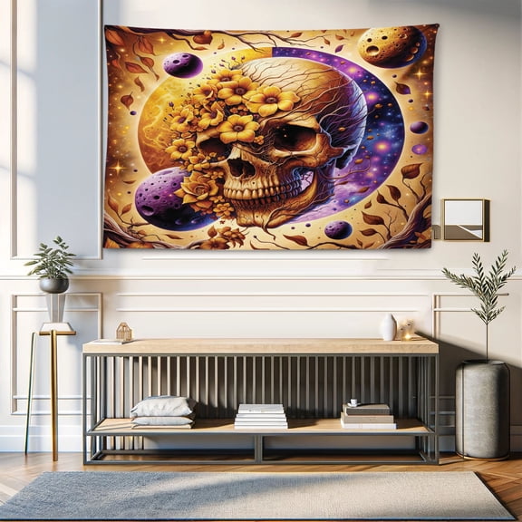Ambesonne Trippy Tapestry Wall Hanging, Neo Trad Floral Skull Leaves, 60"x40", Apricot Blue Violet Taupe