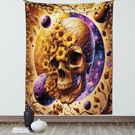 Ambesonne Trippy Tapestry Wall Hanging, Neo Trad Floral Skull Leaves, 60"x80", Apricot Blue Violet Taupe
