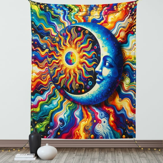 Ambesonne Trippy Tapestry Wall Hanging, Psychedelic Art Moon and Sun, 60"x80", Sea Blue Multicolor