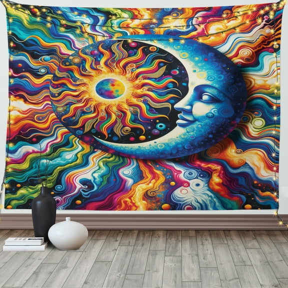 Ambesonne Trippy Tapestry Wall Hanging, Psychedelic Art Moon and Sun, 80"x60", Sea Blue Multicolor
