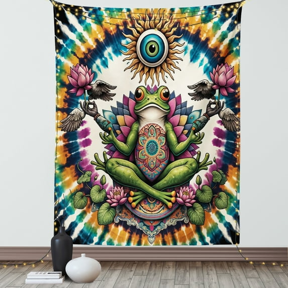 Ambesonne Trippy Tapestry Wall Hanging, Psychedelic Frog Esoteric, 60"x80", Lime Green Apricot Teal