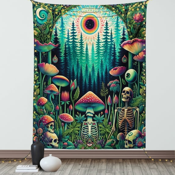 Ambesonne Trippy Tapestry Wall Hanging, Woodland Vines Skeleton Art, 60"x80", Fern Green Seafoam Coral
