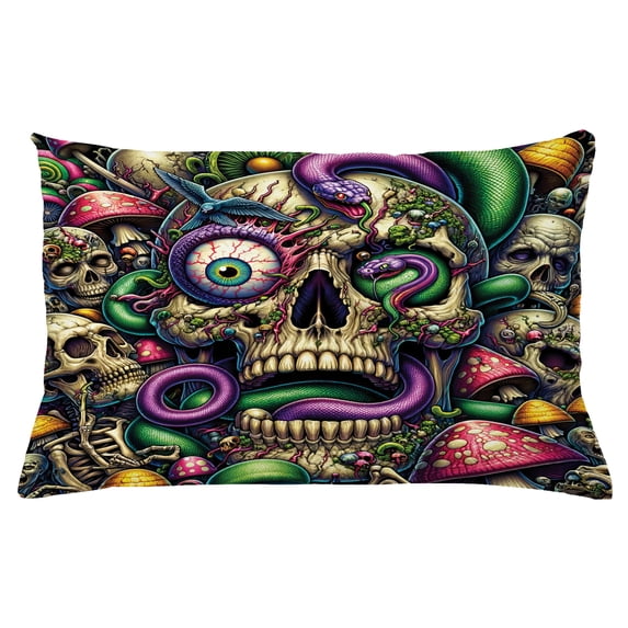 Ambesonne Trippy Throw Pillow Cushion Cover, Huddle Spooky Snake Skulls, 26" X 16", Green Purple Pale Khaki