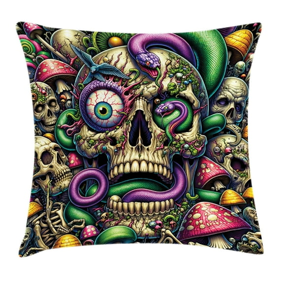 Ambesonne Trippy Throw Pillow Cushion Cover, Huddle Spooky Snake Skulls, 28" X 28", Green Purple Pale Khaki