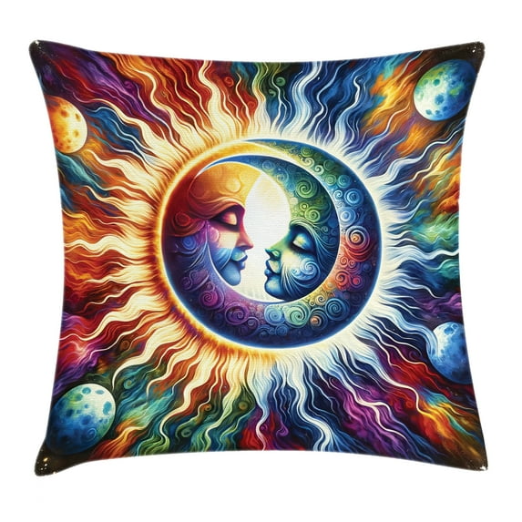 Ambesonne Trippy Throw Pillow Cushion Cover, Jumble Colors Sun and Moon, 16" X 16", Amber Multicolor