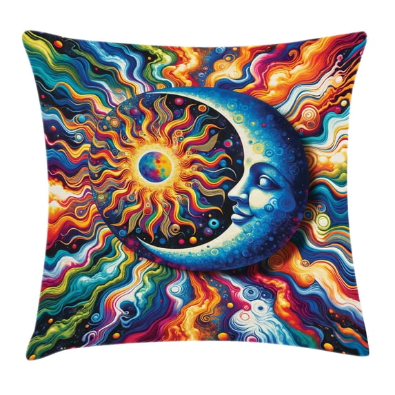 Ambesonne Trippy Throw Pillow Cushion Cover, Psychedelic Art Moon and Sun, 36" X 36", Sea Blue Multicolor
