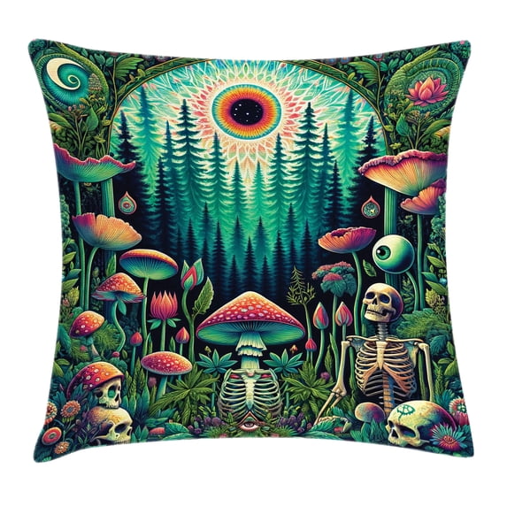 Ambesonne Trippy Throw Pillow Cushion Cover, Woodland Vines Skeleton Art, 36" X 36", Fern Green Seafoam Coral