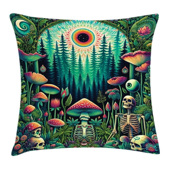 Ambesonne Trippy Throw Pillow Cushion Cover, Woodland Vines Skeleton Art, 40" X 40", Fern Green Seafoam Coral