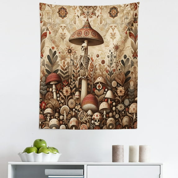 Ambesonne Trippy Wall Hanging Tapestry, Bohem Details Leafy Scenery, 23"x28", Camel Umber Warm Taupe