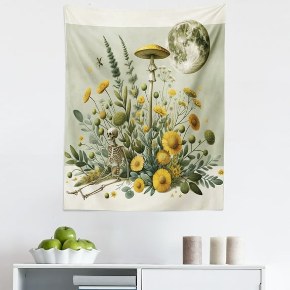 Ambesonne Trippy Wall Hanging Tapestry, Bohemian Botany Jungle Moon, 23"x28", Pale Green Earth Yellow
