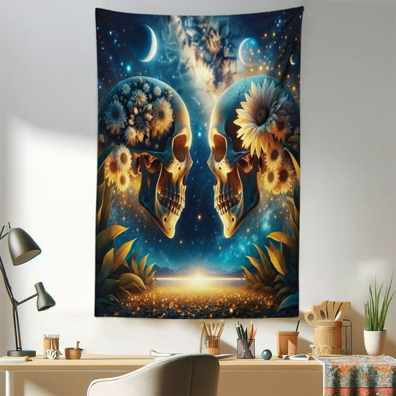 Ambesonne Trippy Wall Hanging Tapestry, Goth Romance Lovers Space, 30"x45", Sea Blue Dark Yellow