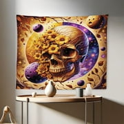 Ambesonne Trippy Wall Hanging Tapestry, Neo Trad Floral Skull Leaves, 28"x23", Apricot Blue Violet Taupe
