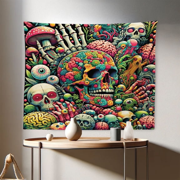 Ambesonne Trippy Wall Hanging Tapestry, Psychedelic Monsters Land, 28"x23", Lime Green Pink Teal