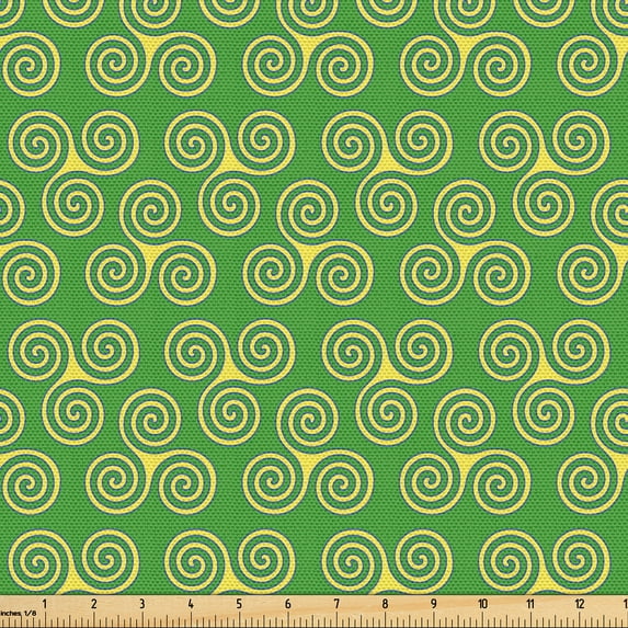 Ambesonne Triskele Fabric by the Yard Upholstery, Swirling Triple Spiral Art, 1 Yard, Mustard and Green