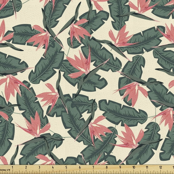 Ambesonne Tropic Fabric by the Yard Upholstery, Summer Banana Leaves Pattern, 3 Yards, Cream Jade Green and Coral