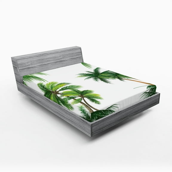 Ambesonne Tropic Fitted Sheet 2 Pcs Set, Coconut Palm Tree Plants, Queen, Hunter Green