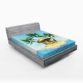 thumbnail image 1 of Ambesonne Tropic Fitted Sheet, Bungalow with Palm Tree, Full Size, Aqua Green Beige, 1 of 2