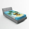 thumbnail image 1 of Ambesonne Tropic Fitted Sheet, Bungalow with Palm Tree, Twin XL Size, Aqua Green Beige, 1 of 2