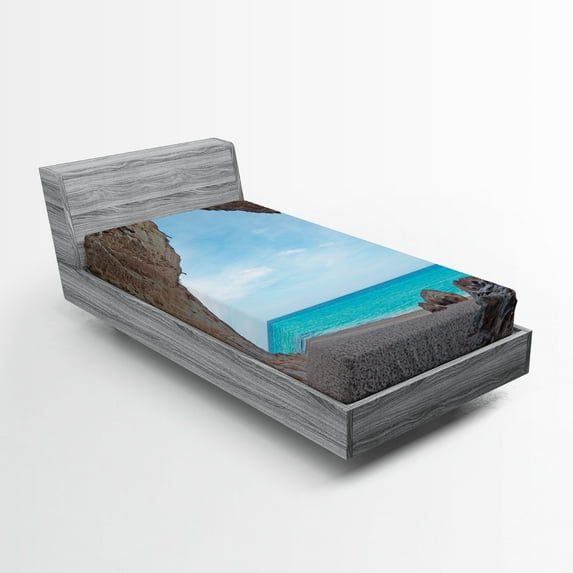 Ambesonne Tropic Fitted Sheet, Mediterranean Beach, Twin XL Size, Cream Blue