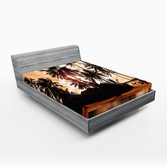 Ambesonne Tropic Fitted Sheet, Ocean Sea Love Palms, Full Size, Orange and Brown