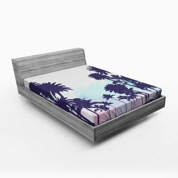 Ambesonne Tropic Fitted Sheet, Palm Trees South Forest, Full Size, Blue and White