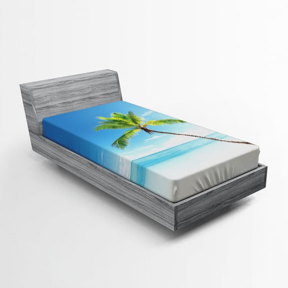 Ambesonne Tropic Fitted Sheet, Palm Trees on Caribbean, Twin Size, Blue Green Beige