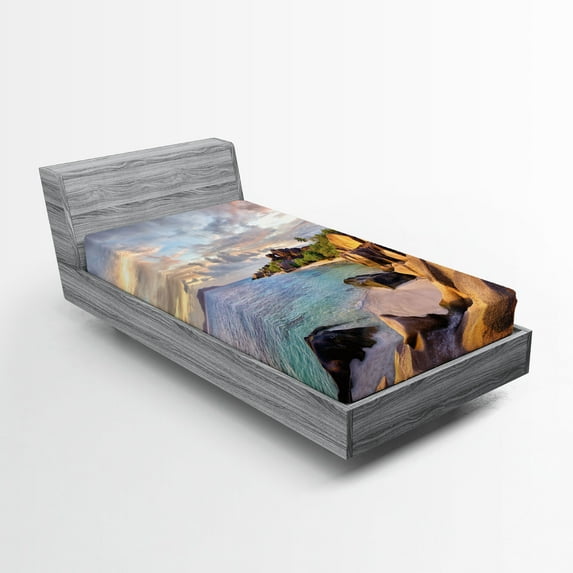 Ambesonne Tropic Fitted Sheet, Rock Sandy Beach Island, Twin XL Size, Cream Blue