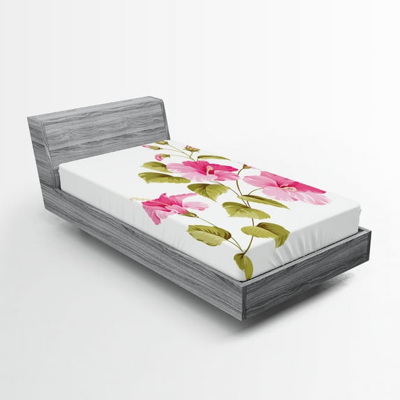 Ambesonne Tropic Fitted Sheet, Wild Exotic Branches, Twin Size, Pink Green White