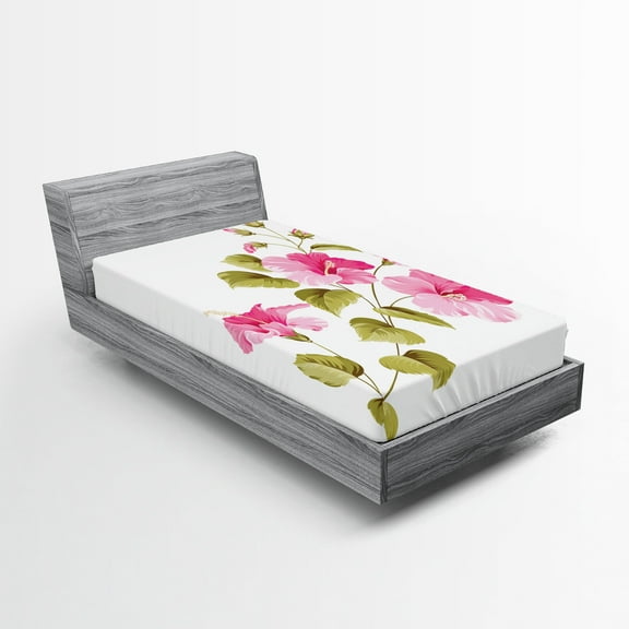 Ambesonne Tropic Fitted Sheet, Wild Exotic Branches, Twin XL Size, Pink Green White