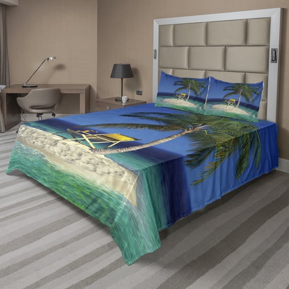 Ambesonne Tropic Fitted & Top Sheet Set with Shams, Chair Under a Palm Tree, Green Blue Yellow