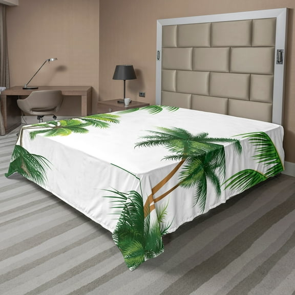Ambesonne Tropic Flat Sheet, Coconut Palm Tree Plants, California King, Hunter Green